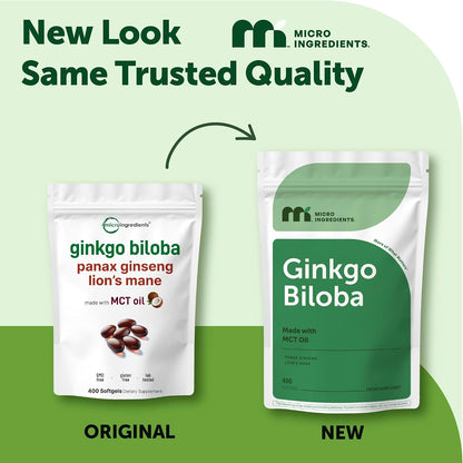 Micro Ingredients Ginkgo Biloba 120 mg Per Serving, 400 Softgels - 3-in-1 with Panax Ginseng & Lion’s Mane - Herbal Mushroom Blend - Made with MCT Oil - Non-GMO