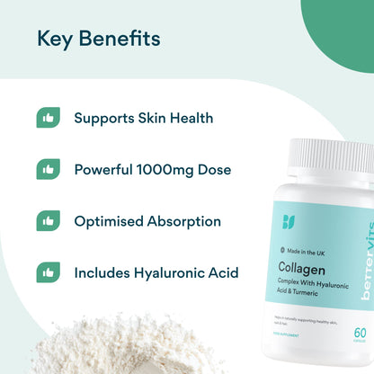 Bettervits Collagen Complex - 1000mg Hydrolyzed Capsules - Skin - Hair - Nails - Joints - Hydrates & Smooths