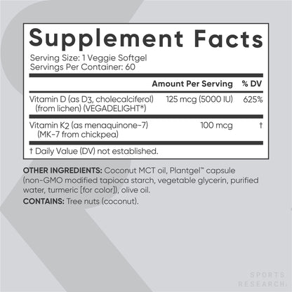 Sports Research Vegan Vitamin D3 + K2 Supplement with Organic Coconut Oil - 5000iu