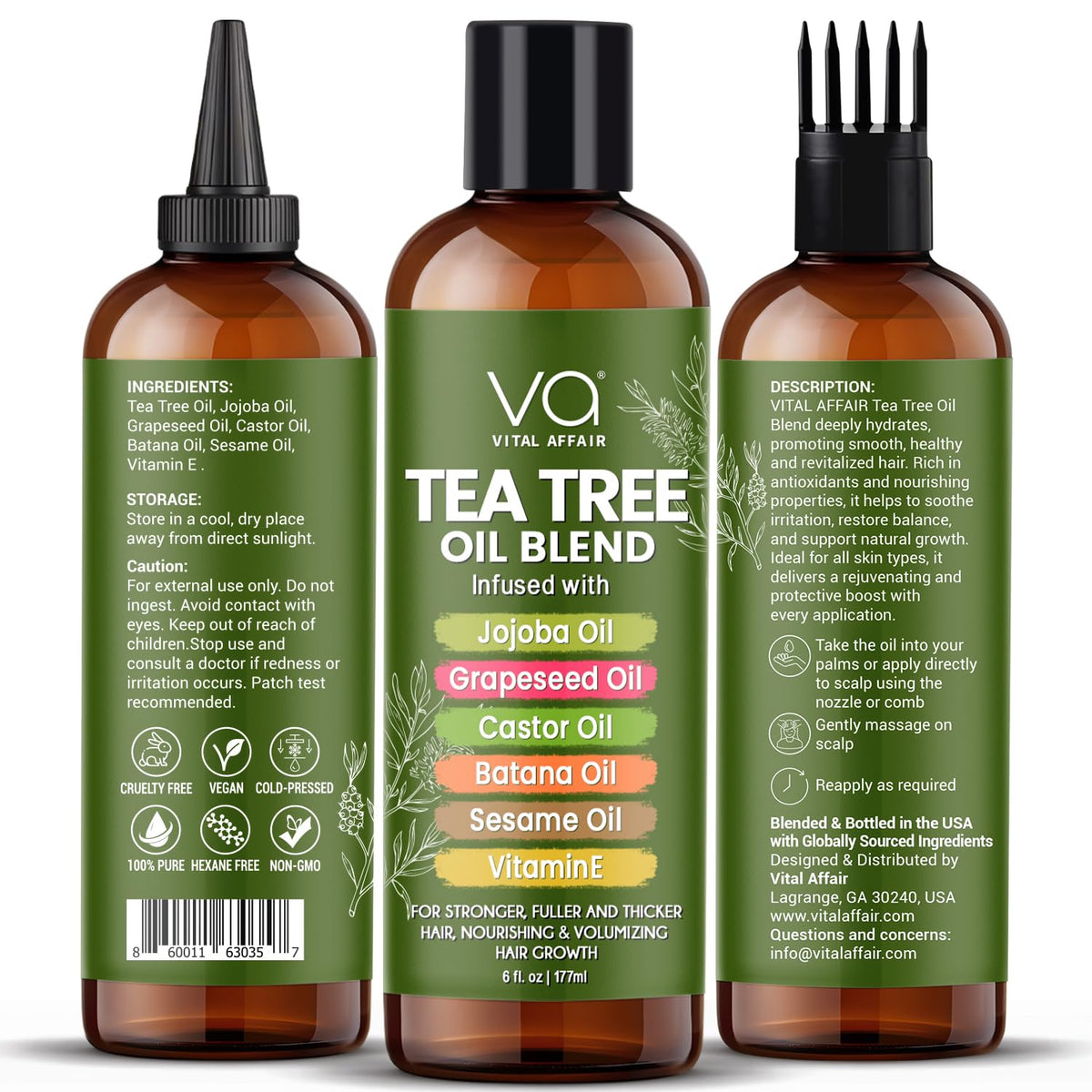 VITAL AFFAIR Tea Tree Oil For Hair With Jojoba, Castor, Batana Oil - Tea Tree Hair And Scalp Treatment - Hair Oil For Dandruff - Helps Strengthen, Volumize & Promotes Hair Growth - 6 Fl Oz