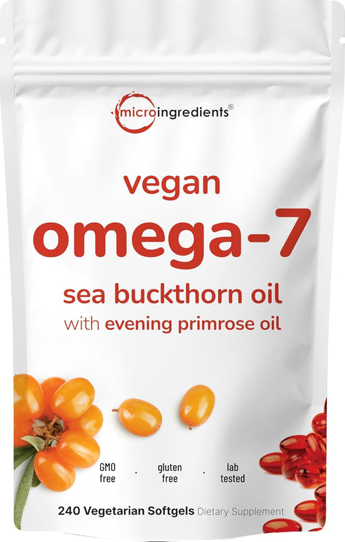 Vegan Omega-7 Sea Buckthorn Oil, 240 Vegetarian Softgels - 2-in-1 with Evening Primrose Oil - Plant Based Botanical Oil Blend - Non-GMO, Gluten, & Carrageenan Free