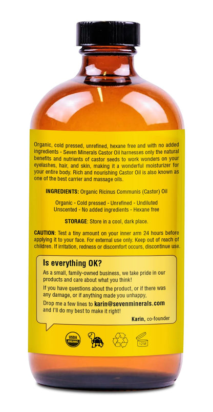 Seven Minerals New 16 fl oz Glass Bottle Castor Oil Organic Cold Pressed Unrefined Glass Bottle Pack - 100% Pure USDA Certified Organic Hexane Free