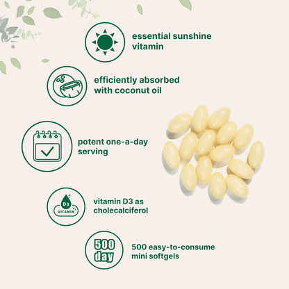 Micro Ingredients Vitamin D3 5,000 IU, 500 Softgels - Virgin Coconut Oil - Cholecalciferol Form - Bone, Immune & Heart Support - Easy to Swallow, Non-GMO