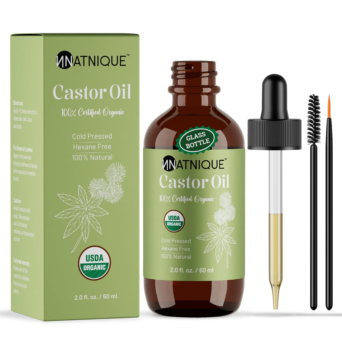 Natnique Castor Oil - USDA Certified Organic, 100% Pure Cold Pressed Unrefined Oil for Hair Growth, Eyelashes, Eyebrows & Scalp - Natural Skin Moisturizer, Lash Serum & Hair Treatment (2 Oz)
