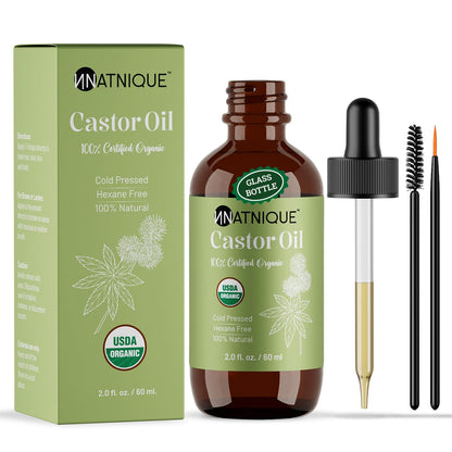Natnique Castor Oil - USDA Certified Organic, 100% Pure Cold Pressed Unrefined Oil for Hair Growth, Eyelashes, Eyebrows & Scalp - Natural Skin Moisturizer, Lash Serum & Hair Treatment (2 Oz)