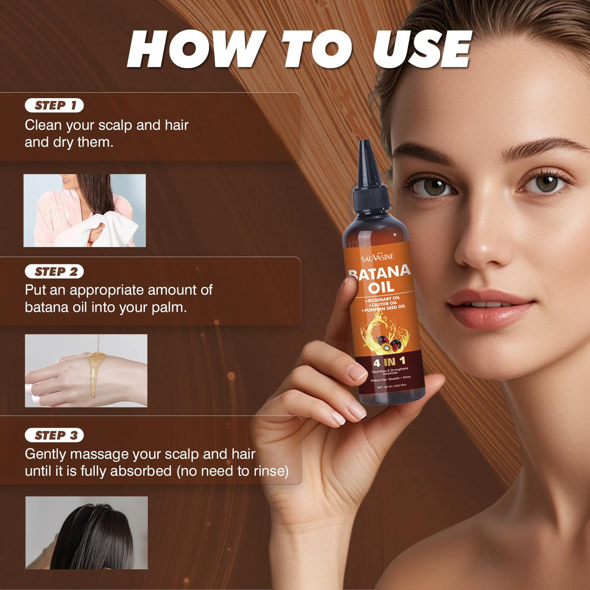Organic Batana Oil for Hair Growth 4-in-1 Batana From Honduras with Rosemary,Pumpkin Seed,Castor Oil Deep nourishment,Strengthen Hair Roots Make Smooth&Shiny For Damaged Hair,Dry & Frizzy Repair 120mL