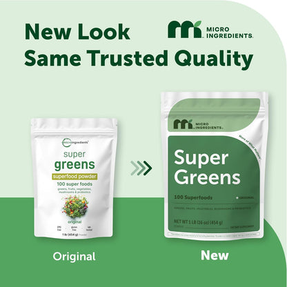 Micro Ingredients Super Greens Powder, 100 Superfoods, Green Drink Mix, 1lb - Superfood Blend with Daily Greens, Probiotics, Fruits, Vegetables & Mushrooms - 45 Servings - Non-GMO, Gluten-Free