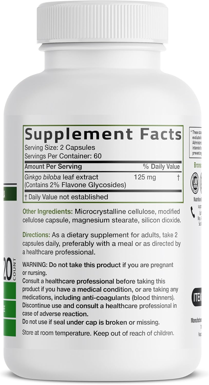 Bronson Ginkgo Biloba Extra Strength Brain & Memory Support 120 Capsules - Vegetarian, Non-GMO, Gluten Free, Soy Free, Memory, Cognitive & Brain Health Support