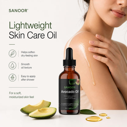 SANOOR Avocado Oil, Premium Carrier Oil for Hair, Skin & Body Care, Cold-Pressed Avocado Oil, Lightweight Oil for Massage, Hair Lengths, Scalp & Dry-Feeling Skin, Hexane-Free, 60 ml