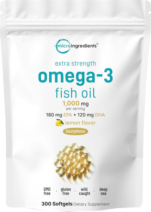 Micro Ingredients Extra Strength* Omega-3 Fish Oil Supplements 1,000mg Per Serving, 300 Softgels - Lemon Flavored - Burpless - EPA 180mg + DHA 120mg - Deep Sea Fish