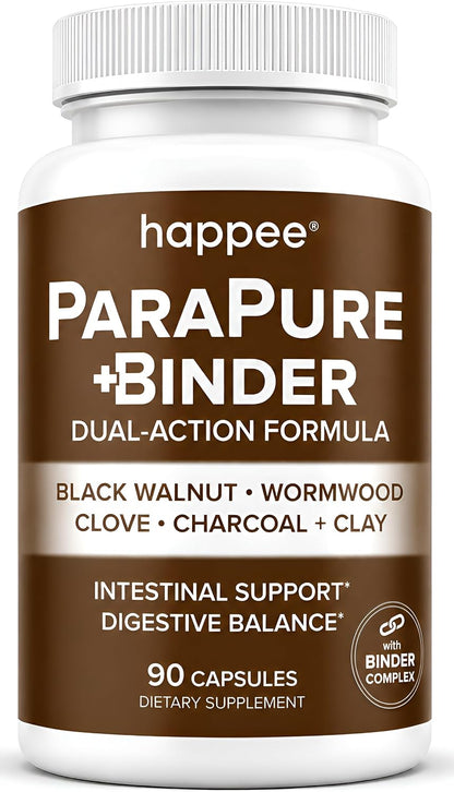 Happee ParaPure Cleanse with Binder for Humans, Intestinal Support, 2-in-1 - Wormwood, Black Walnut, Clove with Charcoal Binder for Digestive Balance (No Stack Needed) 90 Capsules