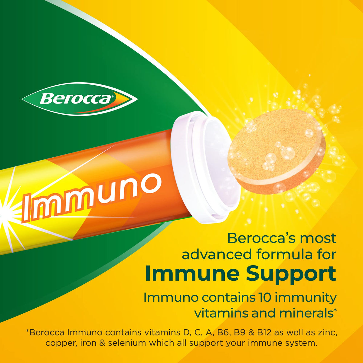 Berocca Immuno Effervescent Tablets, 11 Vitamins and Minerals, Including Vitamins D, C