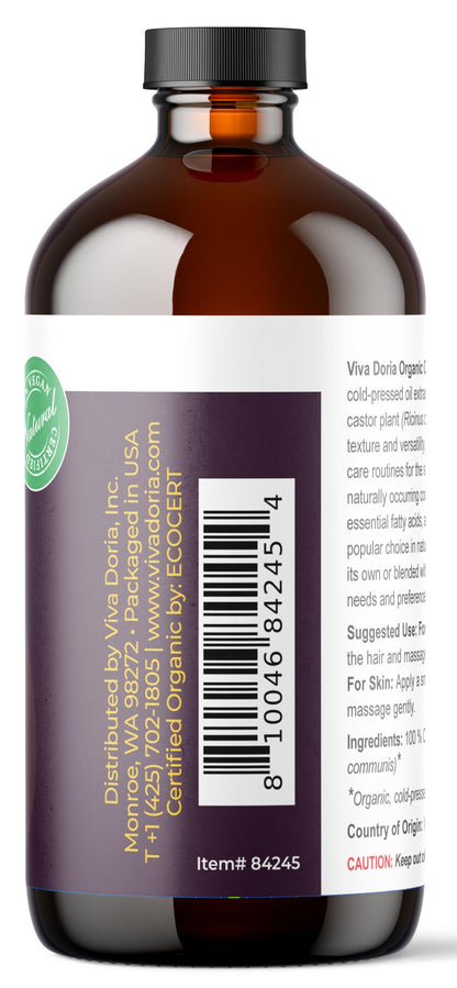 Viva Doria Organic Castor Oil, 16 Fl Oz - Virgin, Cold Pressed, Hexane-Free, Vegan - Nourishing Hair & Skin Care - Eyelash & Brow Serum - Glass Bottle with Dropper Top