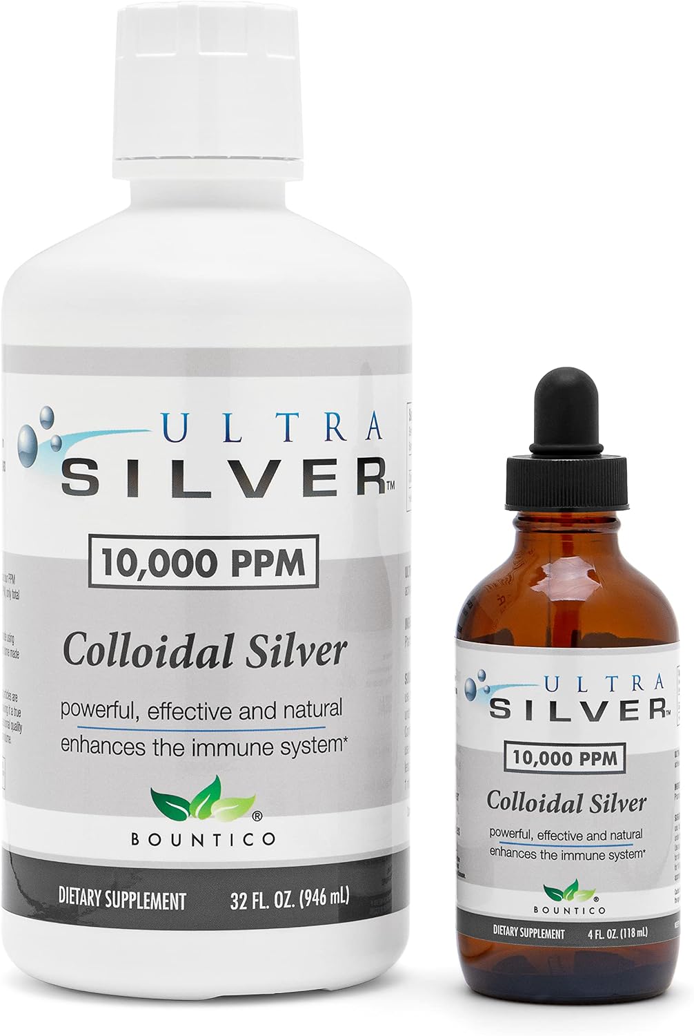 Ultra Silver® Colloidal Silver - 10,000 PPM, 32 Oz (946mL) - Mineral Supplement - True Colloidal Silver - 4 oz Dropper Bottle (Empty) Included for Dispensing!