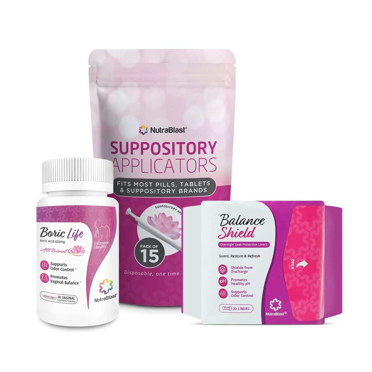 NutraBlast Boric Acid Vaginal Suppositories 600mg (30 Count) w/Disposable Vaginal Applicators