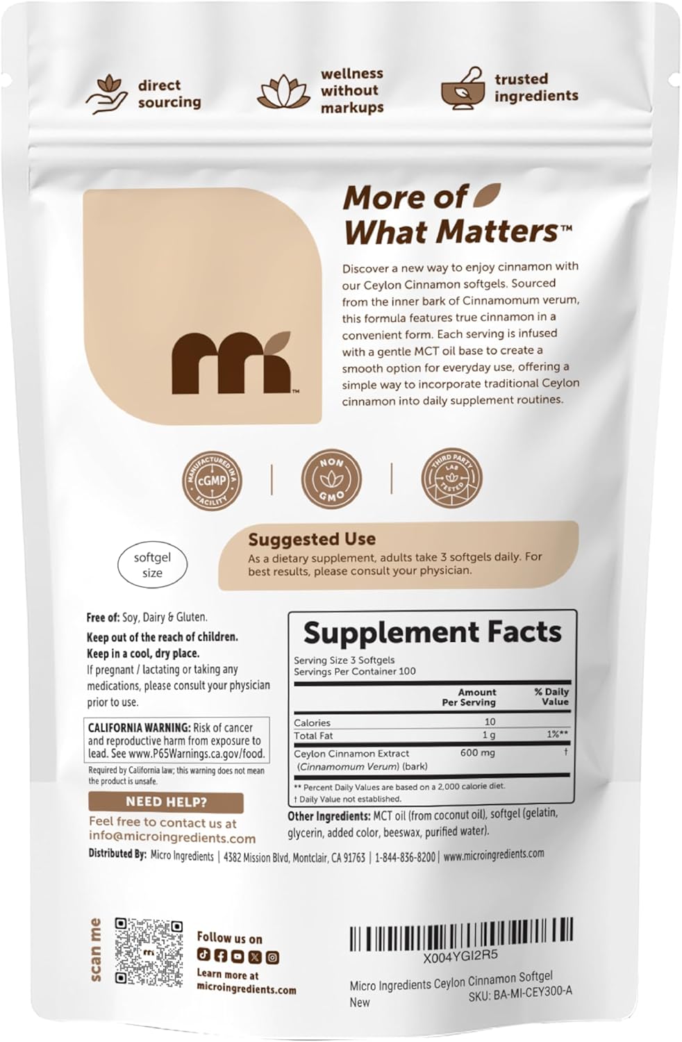Micro Ingredients Ceylon Cinnamon, 300 Softgels - Cinnamon Supplements with MCT Oil - Non-GMO, Gluten Free - True Ceylon Cinnamon Supplements for Men & Women. Energy & Antioxidant Support*. Non-GMO, Gluten Free