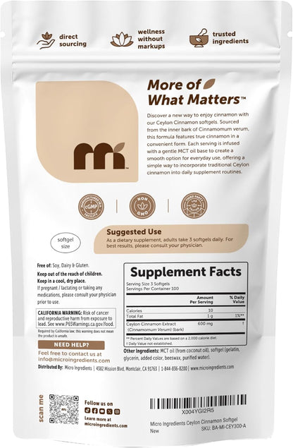 Micro Ingredients Ceylon Cinnamon, 300 Softgels - Cinnamon Supplements with MCT Oil - Non-GMO, Gluten Free - True Ceylon Cinnamon Supplements for Men & Women. Energy & Antioxidant Support*. Non-GMO, Gluten Free