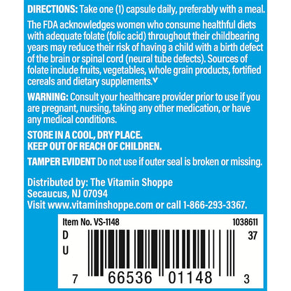 The Vitamin Shoppe Folic Acid 800MCG, Supports Prenatal & Fetal Development (100 Capsules)