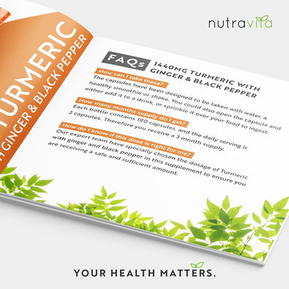 Organic Turmeric 1440mg (High Strength) with Black Pepper & Ginger - 180 Vegan Turmeric