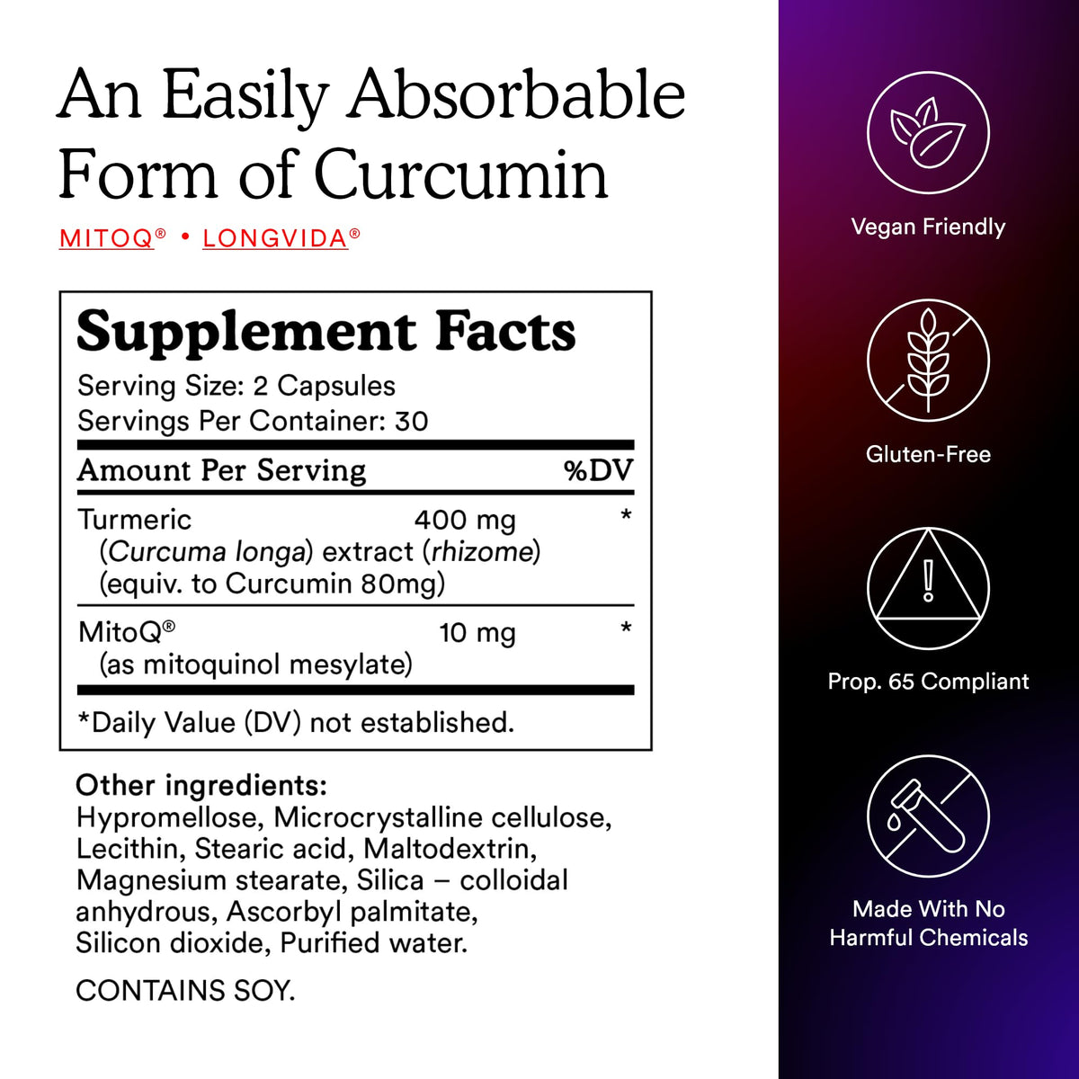 MitoQ Curcumin Longvida Lipidated Formula Mitochondria-targeted Antioxidant - Ultra Bioavailable & Sustained Action Free-Form Curcumin, 60 Capsules