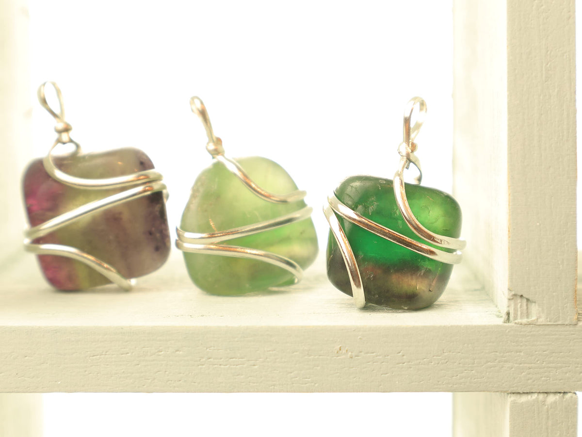 Shelf and Stone Rainbow Fluorite Wire Wrapped Pendant - Dark Hued Fluorite Crystal Necklace