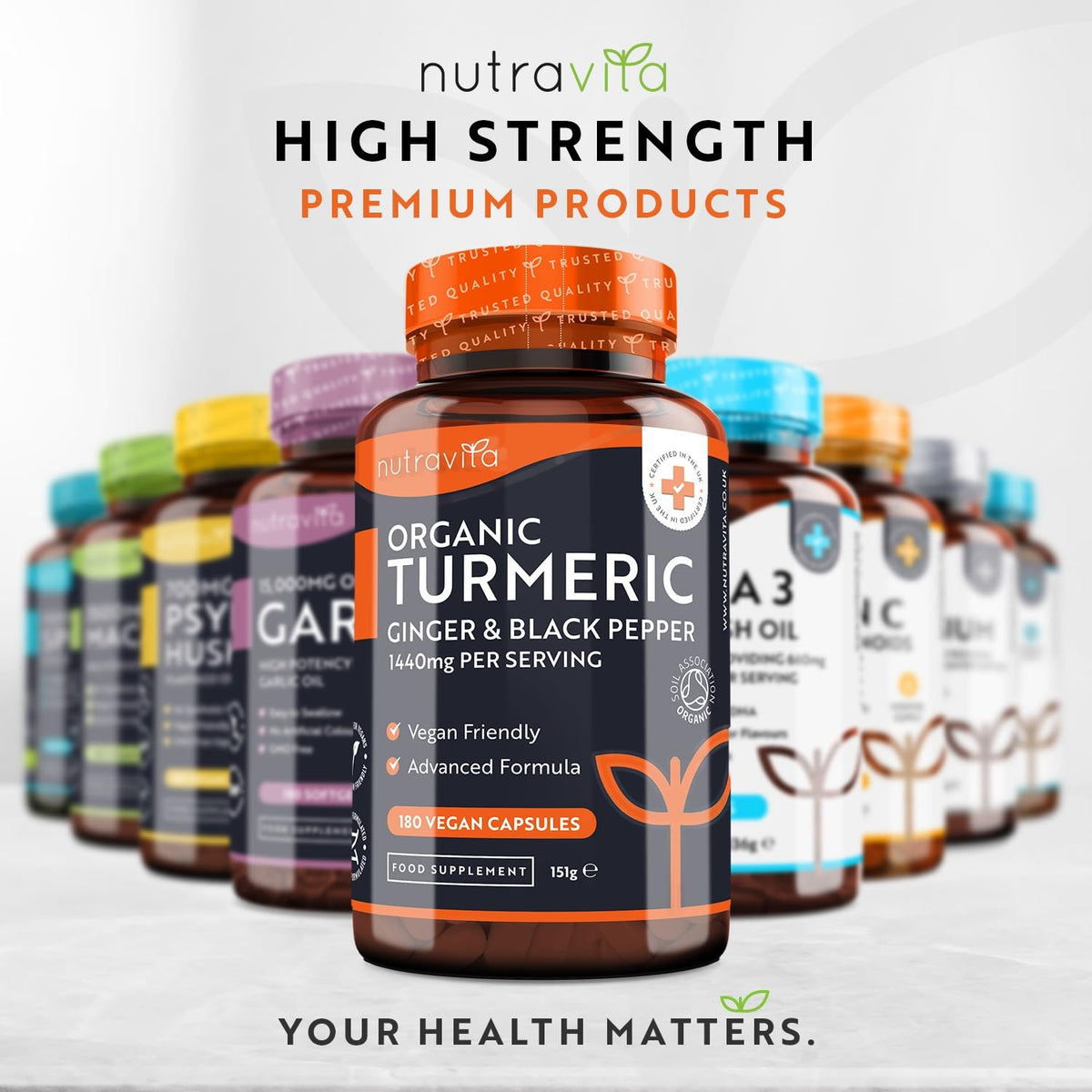 Organic Turmeric 1440mg (High Strength) with Black Pepper & Ginger - 180 Vegan Turmeric