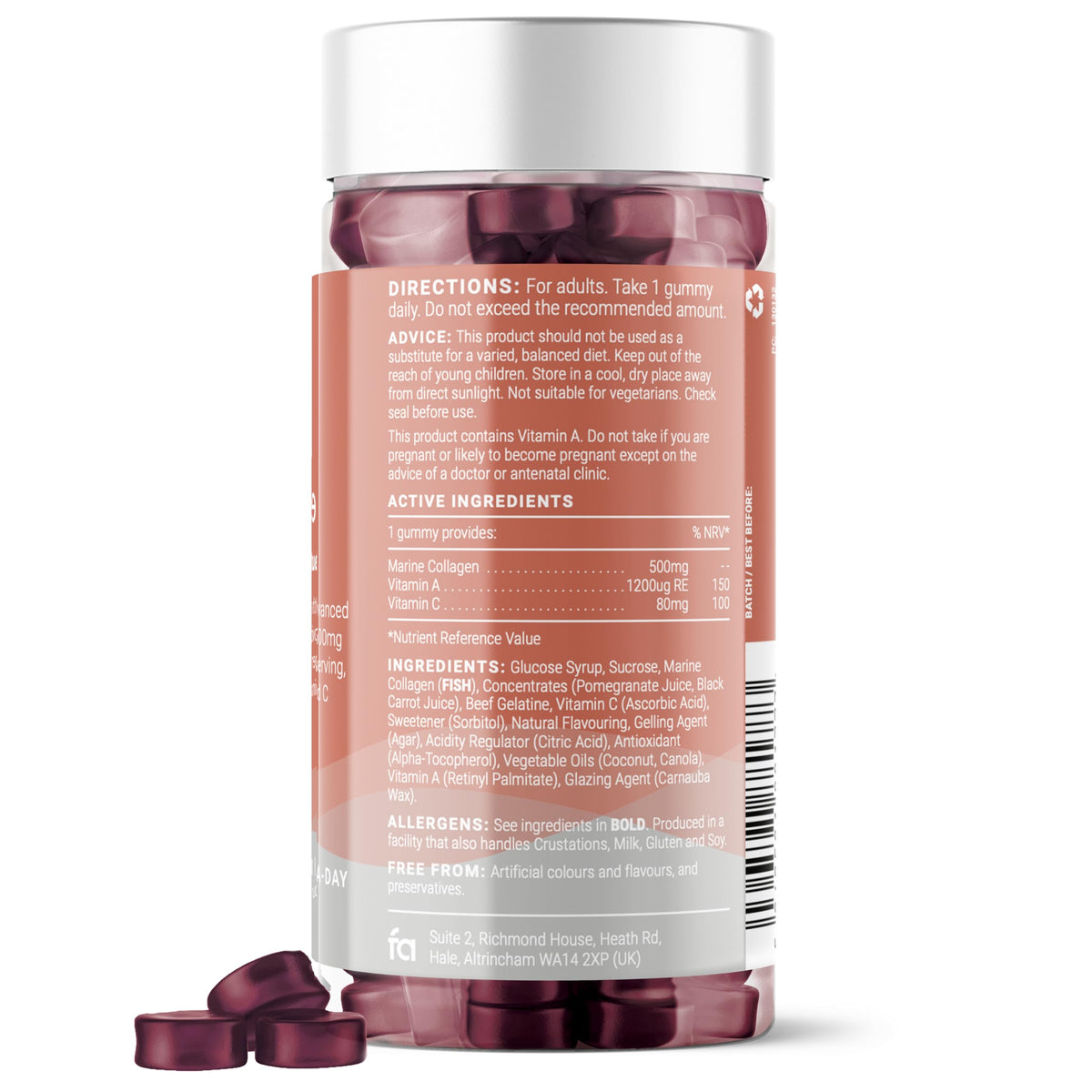 Collagen Gummies with Vitamins A and C, 500mg of Marine Collagen Per Serving, Advanced Skin Support