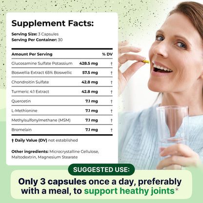 Wellnee Joint Support Supplement - Glucosamine Chondroitin MSM, Boswellia & Turmeric - Relieves Joint Discomfort & Supports Flexibility - Wellknee Joint Support - 90 Capsules, 30 Servings