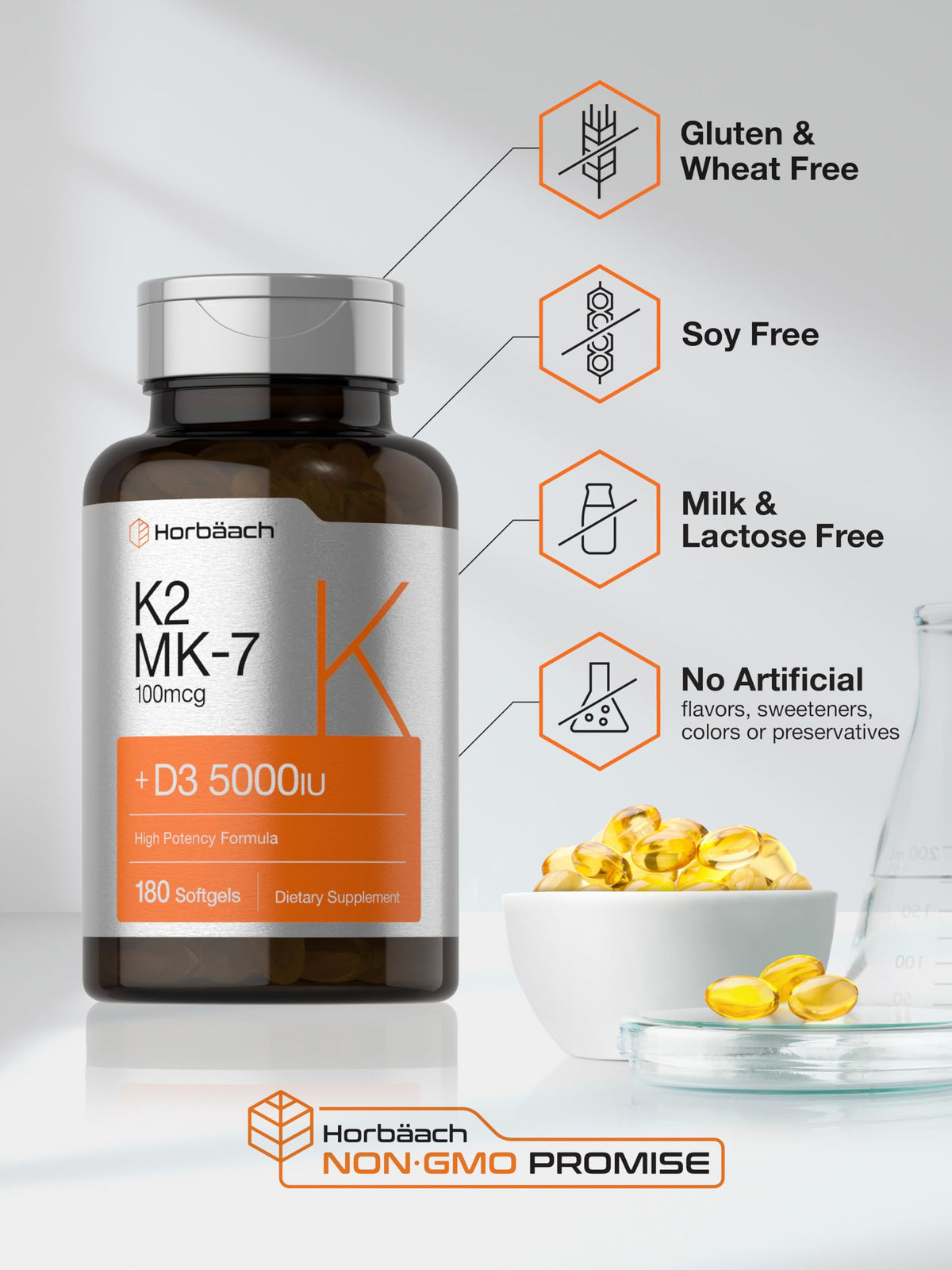 Horbäach Vitamin D3 K2 - 5000iu of Vitamin D & 100mcg MK-7 Complex - 180 Softgel Cap