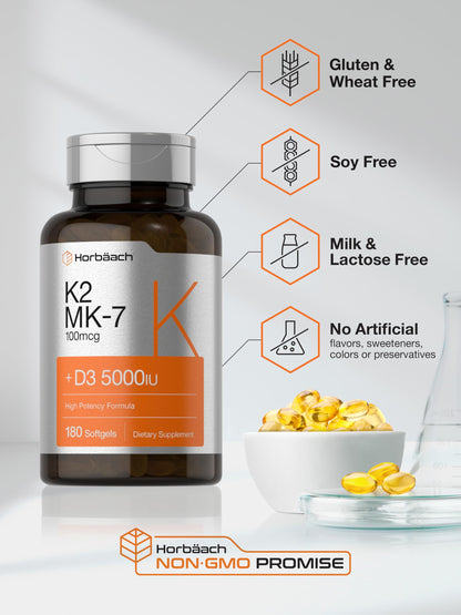 Horbäach Vitamin D3 K2 - 5000iu of Vitamin D & 100mcg MK-7 Complex - 180 Softgel Cap