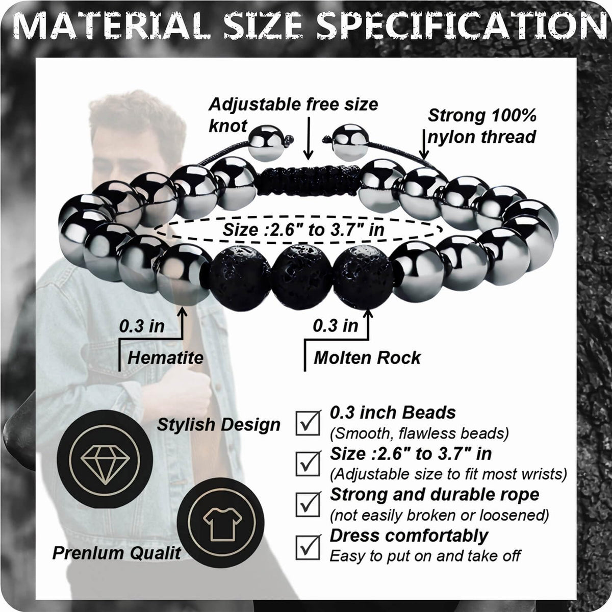 RENZHI-Magnetic Hematite Bracelet–Beaded Magnetic Bracelets for Men and Women