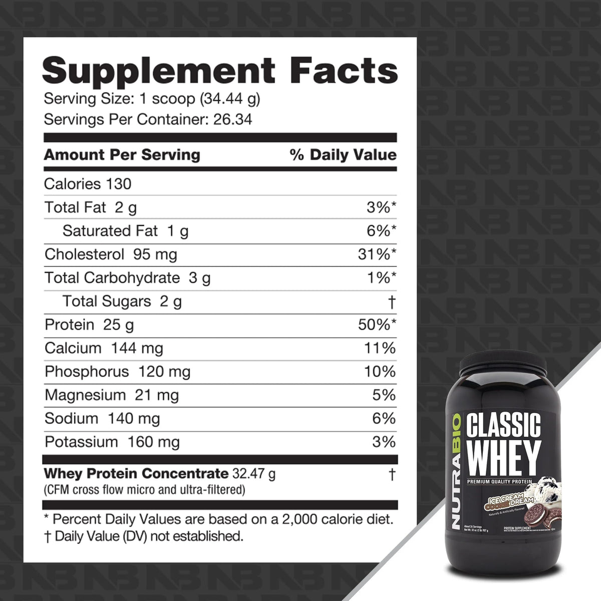 NutraBio Classic Whey Protein Powder- 25G of Protein Per Scoop - Ice Cream Cookie