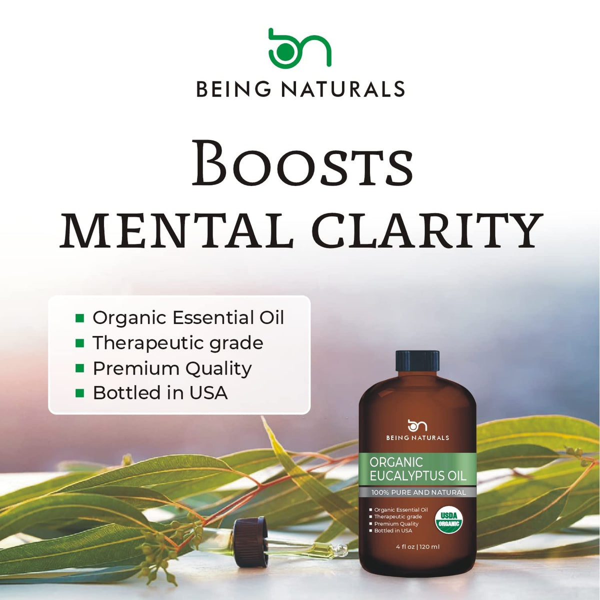 Organic Eucalyptus Essential Oil - Huge 4 FL OZ - 100% Pure & Natural - Premium Natural Oil