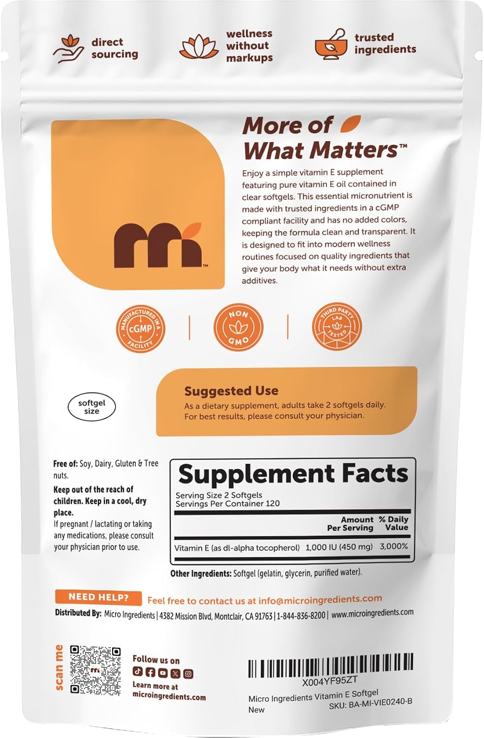 Micro Ingredients Vitamin E 1000 IU (450 mg) Per Serving, 240 Softgels - Daily Vitamin E Supplement - 4-Month Supply - Non-GMO, Gluten Free