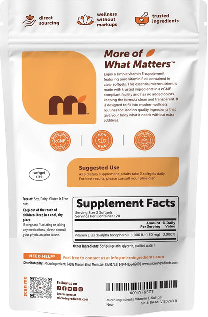 Micro Ingredients Vitamin E 1000 IU (450 mg) Per Serving, 240 Softgels - Daily Vitamin E Supplement - 4-Month Supply - Non-GMO, Gluten Free