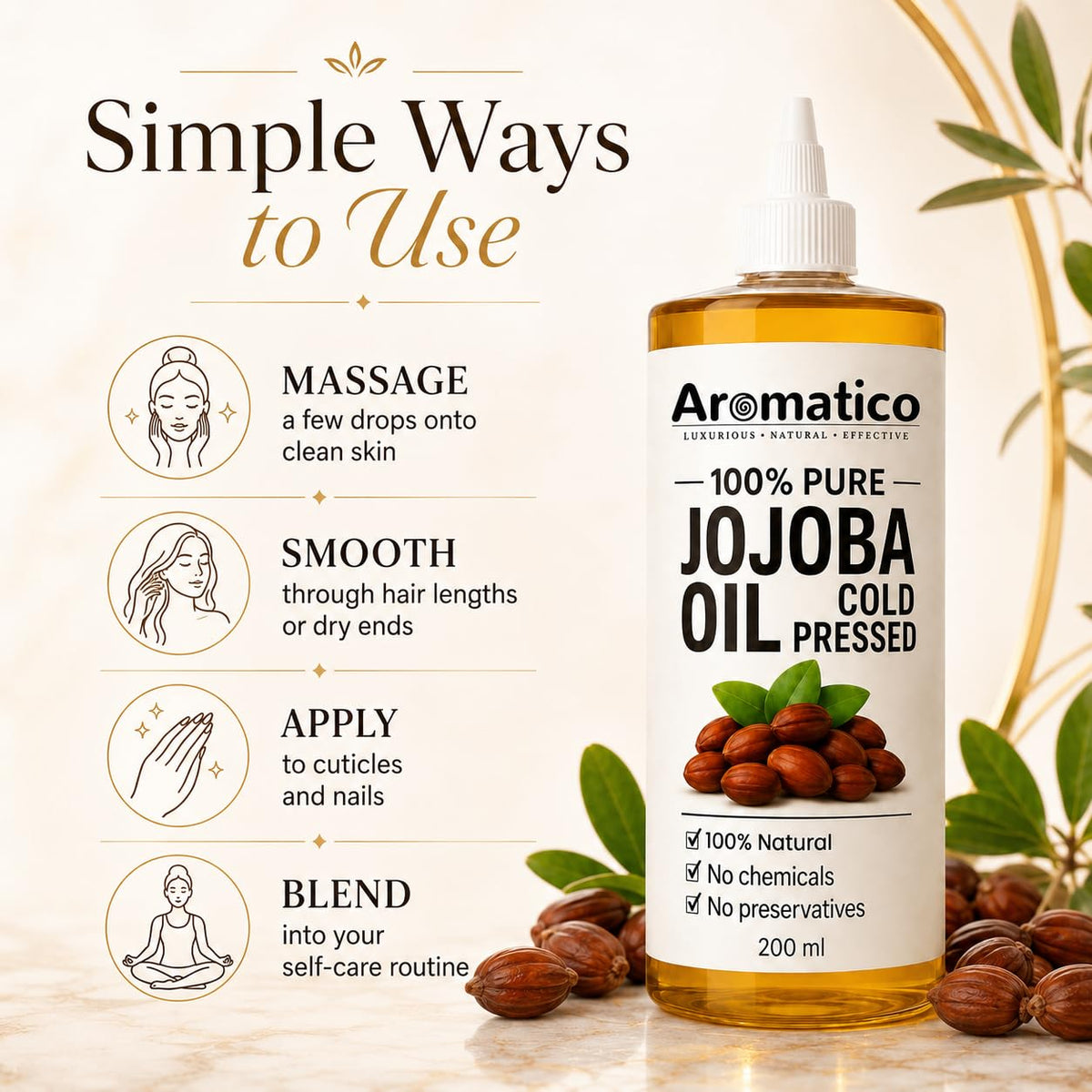 Aromatico Cold Pressed Jojoba Oil - 7 Fl Oz - Natural Hair, Face & Body Oil - Lightweight Moisturizing Carrier Oil for Dry Scalp, Skin Care, Beard, Cuticles & Massage