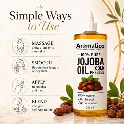 Aromatico Cold Pressed Jojoba Oil - 7 Fl Oz - Natural Hair, Face & Body Oil - Lightweight Moisturizing Carrier Oil for Dry Scalp, Skin Care, Beard, Cuticles & Massage