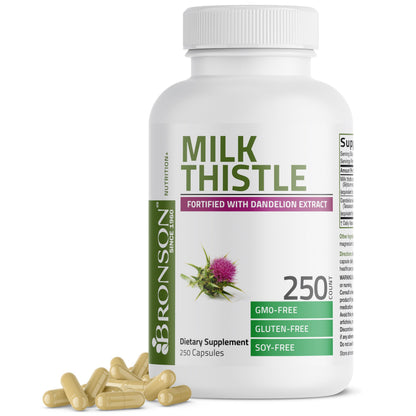 Bronson Milk Thistle Silymarin Marianum & Dandelion Extract, 120 Capsules - 2-in-1 Liver Cleanse, Health, Detox & Antioxidant Support, Non-GMO, Gluten-Free, Soy-Free