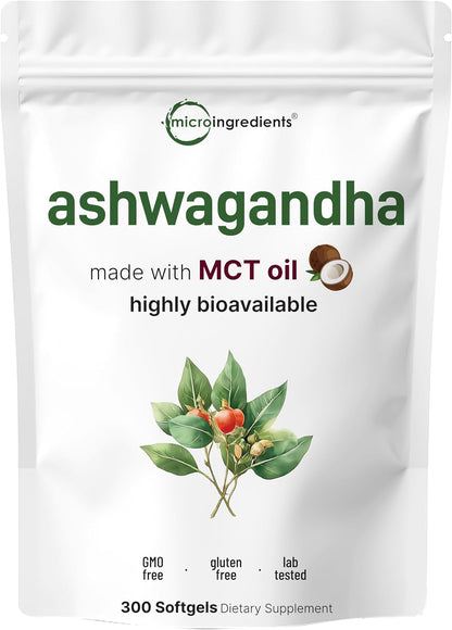 Micro Ingredients Ashwagandha Supplement with Black Pepper - 300 Coconut MCT Oil Softgels - High Potency Root Extract - Better Absorption - Non-GMO
