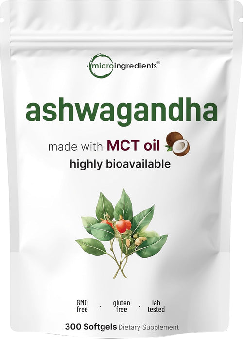 Micro Ingredients Ashwagandha Supplement with Black Pepper - 300 Coconut MCT Oil Softgels - High Potency Root Extract - Better Absorption - Non-GMO