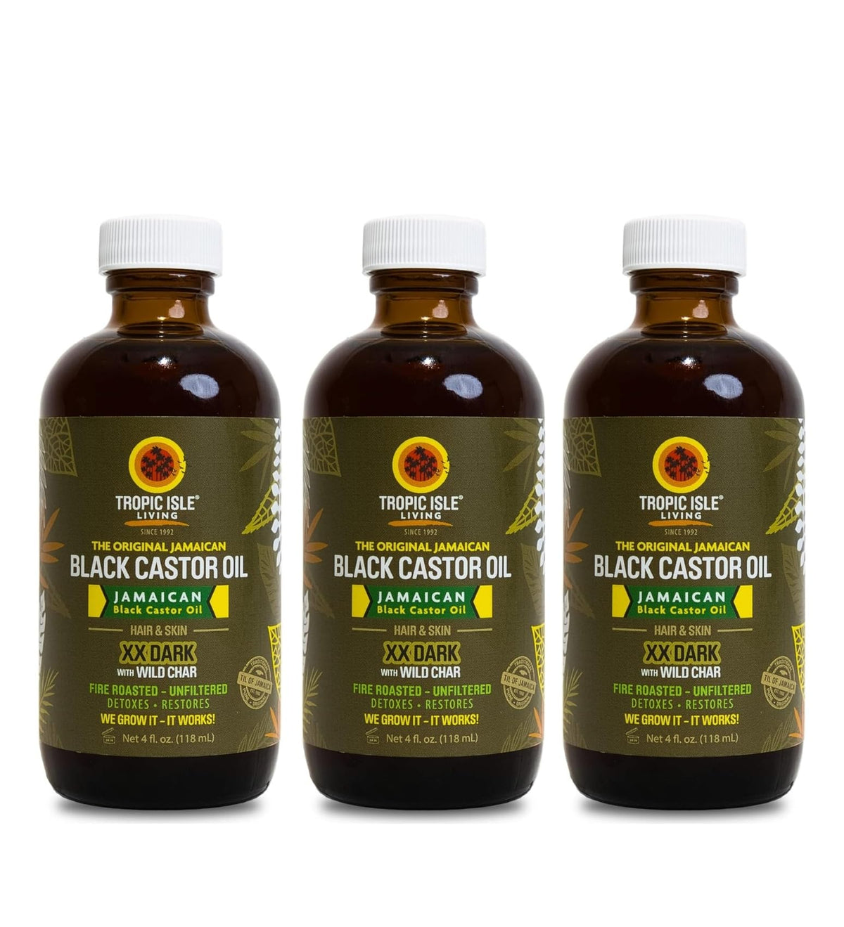 Tropic Isle Living Wild Growth Hair Oil - 3x Jamaican Black Castor-Oil XX Dark 4oz Bundle with Coconut Oil, SheaOil, and JBCO - Moisturizing, Curl Defining, & Frizz Control - Gift Set (3 Items)