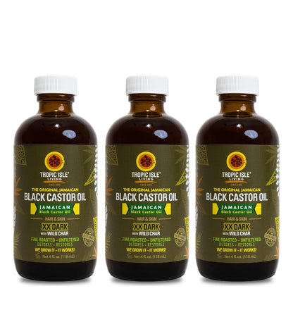 Tropic Isle Living Wild Growth Hair Oil - 3x Jamaican Black Castor-Oil XX Dark 4oz Bundle with Coconut Oil, SheaOil, and JBCO - Moisturizing, Curl Defining, & Frizz Control - Gift Set (3 Items)
