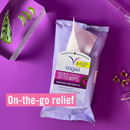 Vagisil Wipes, Anti-Itch Medicated Feminine Vaginal Wipes, Maximum Strength, Instant Relief, 20 Wipes