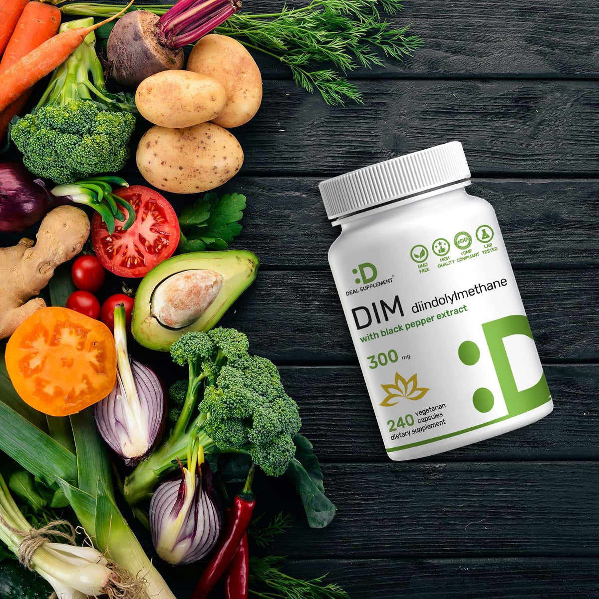 DIM Supplement 300mg with Black Pepper, 240 Vegetarian Caps, 4 Months Supply - 2-in-1 Dim Supplement for Women & Men - Diindolylmethane Plus Black Pepper Extract for Enhanced Absorption*