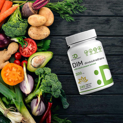 DIM Supplement 300mg with Black Pepper, 240 Vegetarian Caps, 4 Months Supply - 2-in-1 Dim Supplement for Women & Men - Diindolylmethane Plus Black Pepper Extract for Enhanced Absorption*