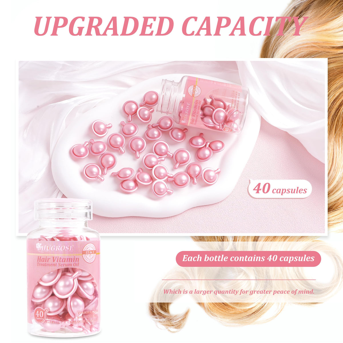 Hair Treatment Serum 40 Capsules, Hair Vitamins A C E Pro B5 - Hair Serum for Frizzy and Damaged Hair, Hair Oil with Rosa Rugosa Flower, Jojoba & Macadamia Seed - Leave in Conditioner for Women & Men