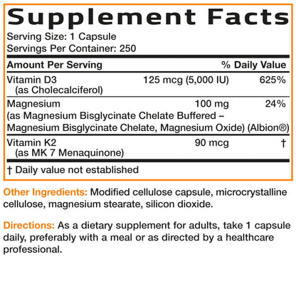 Bronson Vitamin K2+D3 Magnesium Glycinate Supplement, 60 Capsules - 3-in-1 Bone & Heart Health Support Formula, Non-GMO, Gluten Free, Soy Free