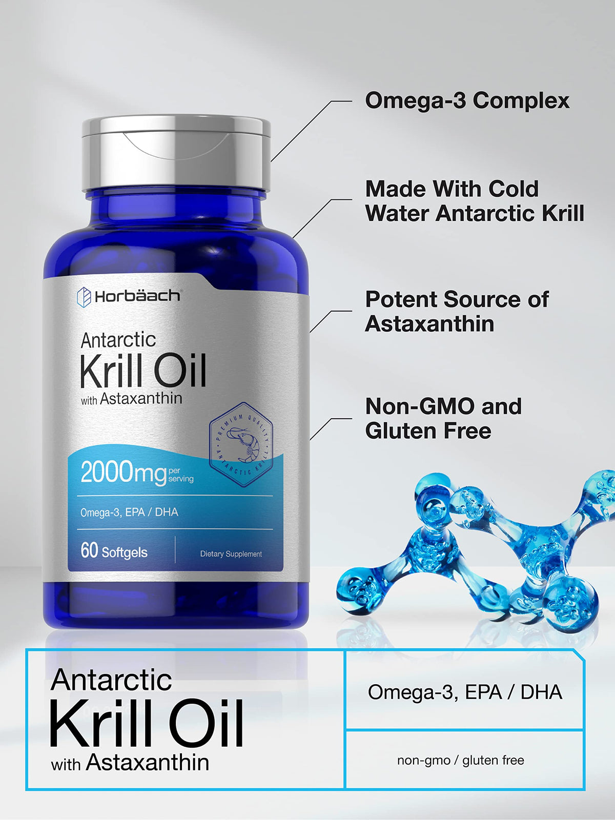 Horbäach Antarctic Krill Oil 2000mg - 60 Softgel Capsules - Omega-3, EPA, DHA Supplemen
