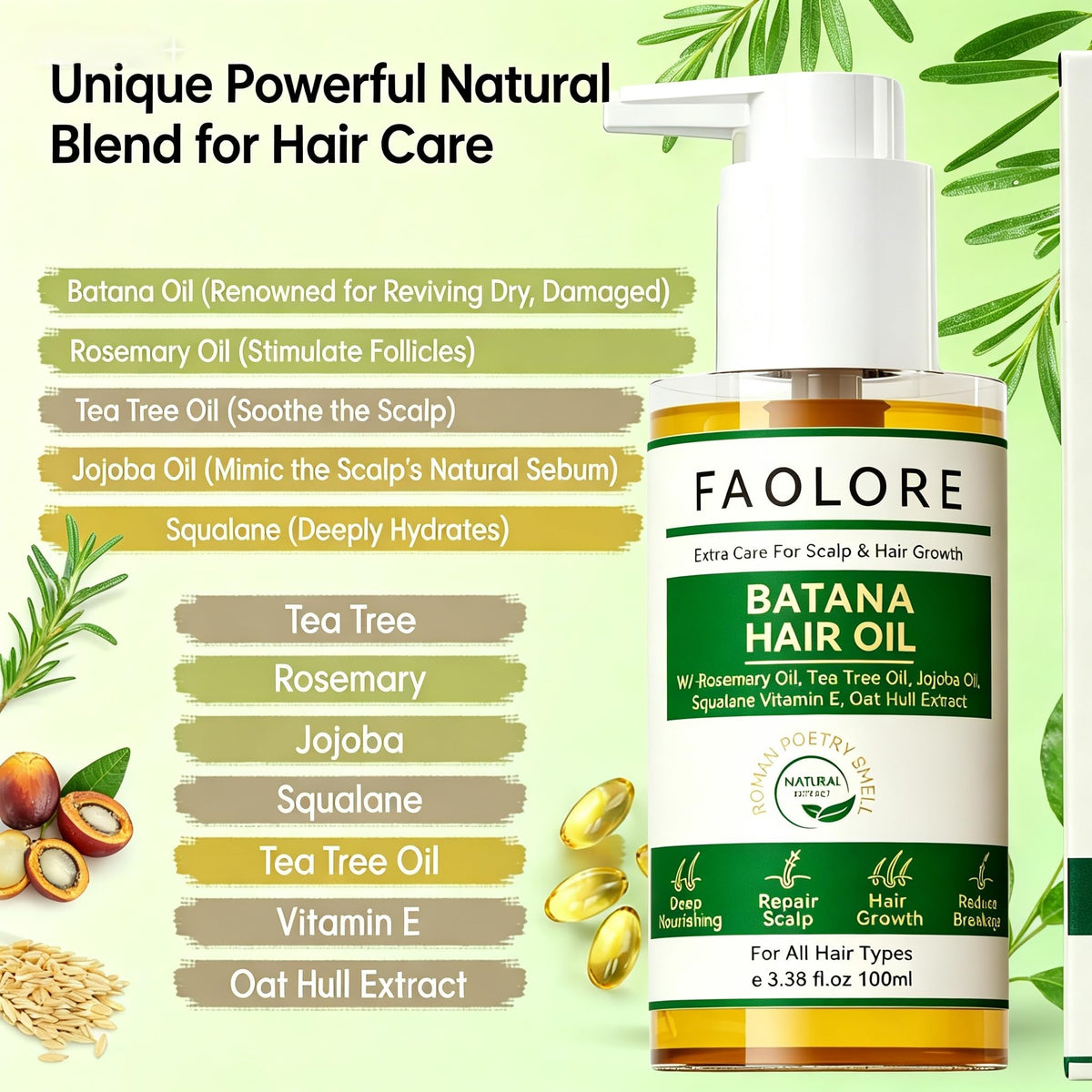 FAOLORE 100ml Batana Oil for Hair Growth-100% Raw Batana Oil With Rosemary Oil + Tea Tree Oil for Hair Growth,Wild Growth Hair Oil,Nourishes Scalp Hair