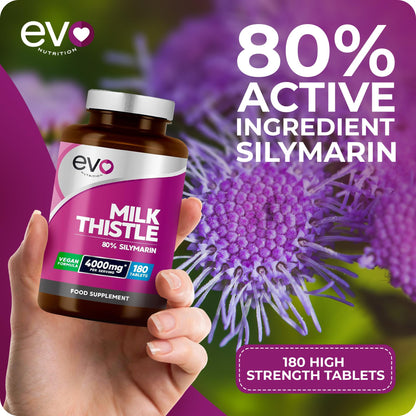 Milk Thistle Tablets 4000mg - 80% Silymarin - 180 Tablets - High Strength Vegan Supple